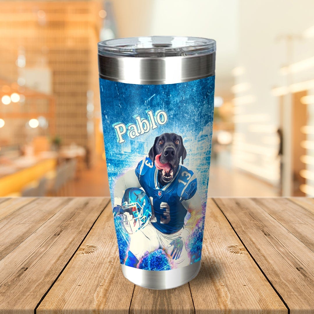 Personalized stainless steel tumbler with a custom portrait of a black dog in a blue football uniform.