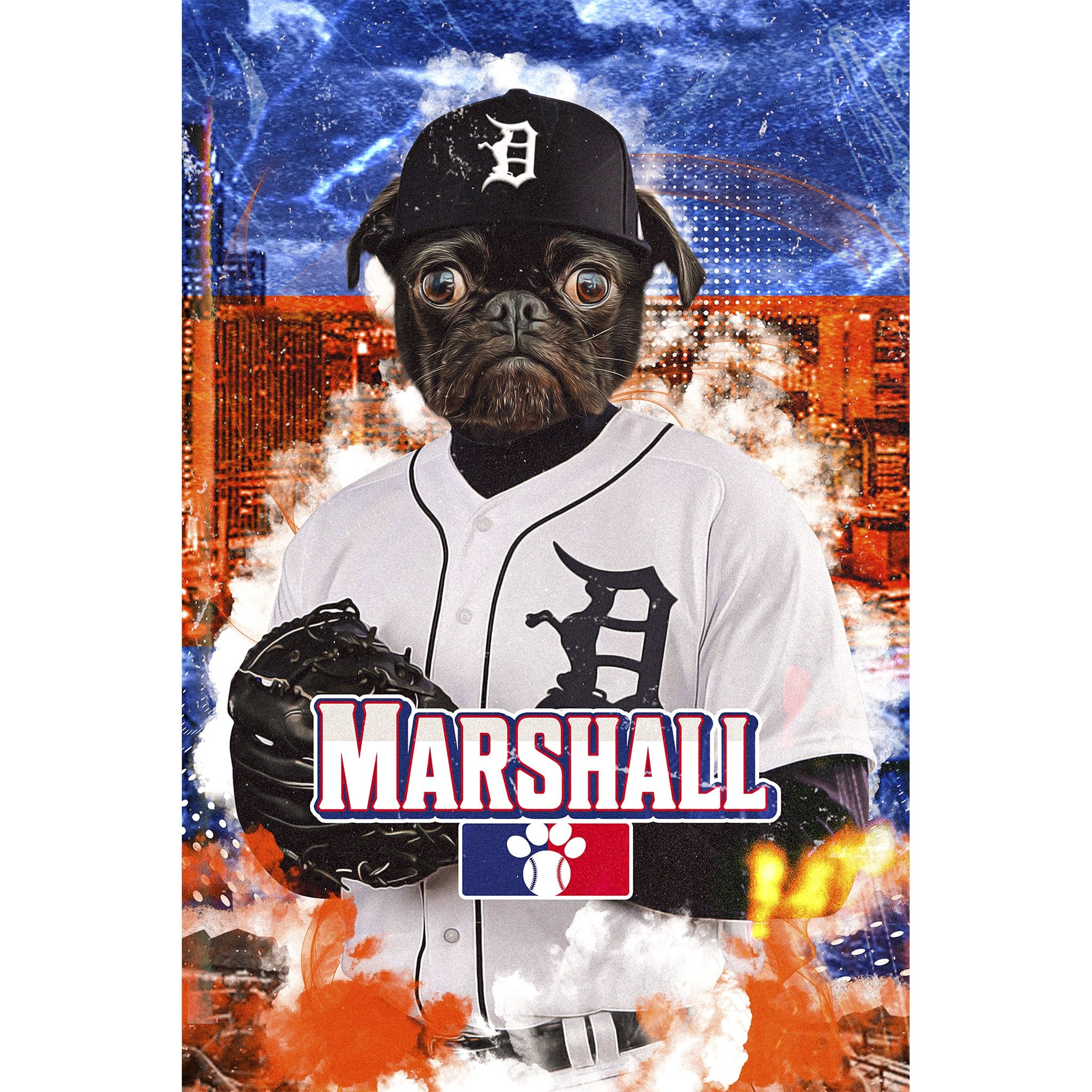 Custom digital portrait of a pug dog in a Detroit Tigers baseball uniform and cap.