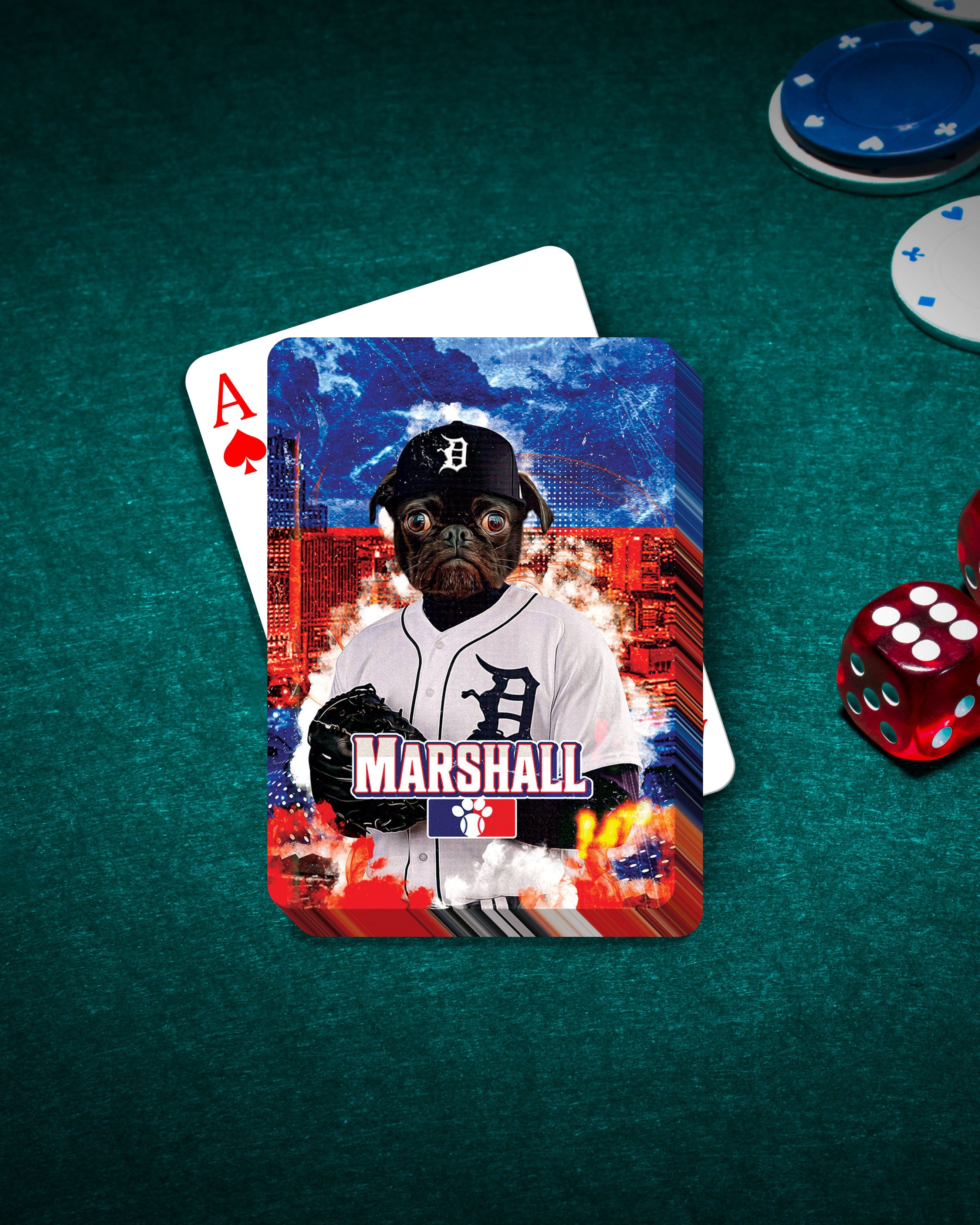Personalized playing card featuring a pug in a Detroit Tigers baseball uniform, on a green felt table with poker chips and dice.