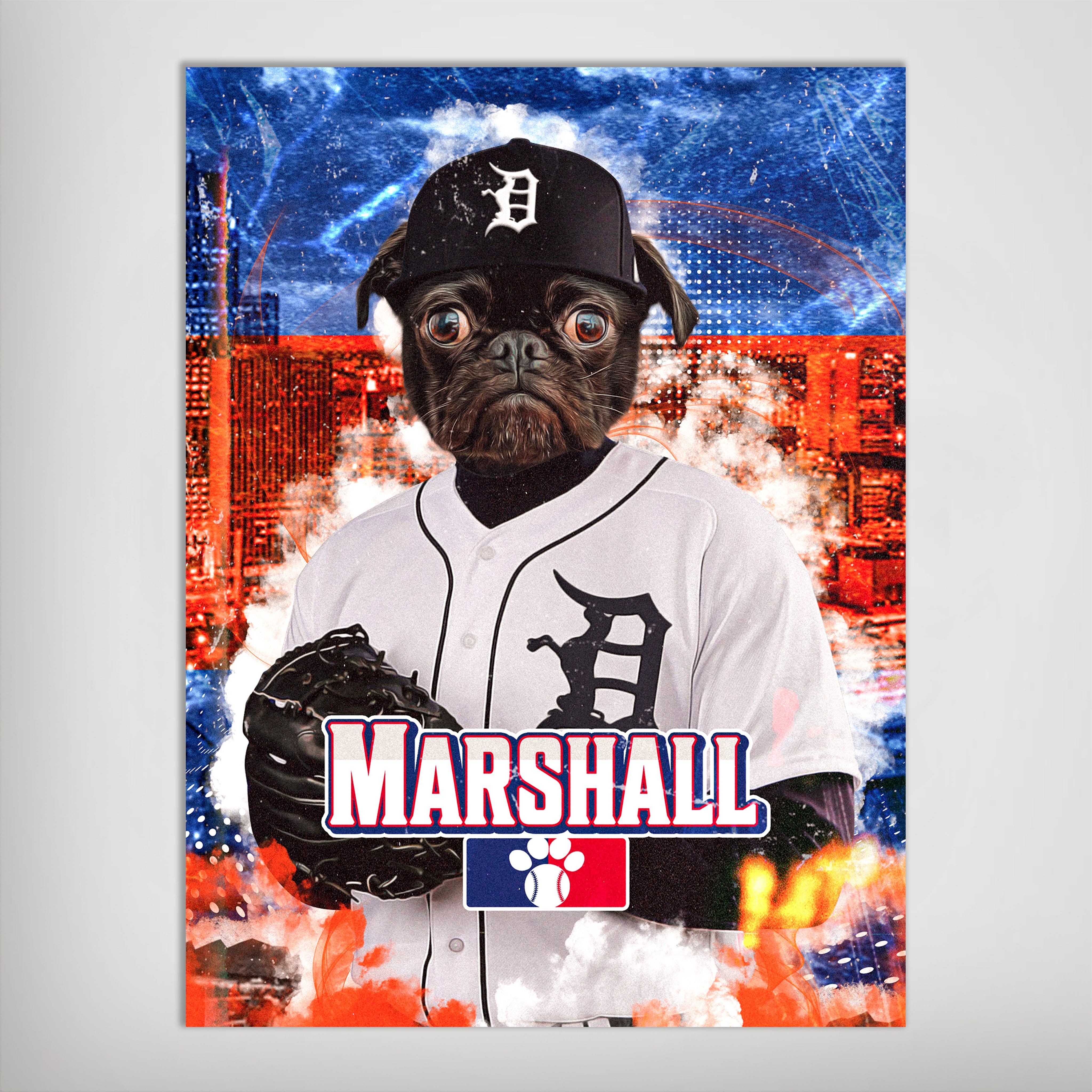 Personalized 'Detroit Tiger Doggos' pet poster featuring a pug in a baseball uniform with a glove, set against a blue and orange city skyline.