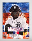 Personalized 'Detroit Tiger Doggos' pet poster featuring a pug in a baseball uniform with a glove, set against a blue and orange city skyline.