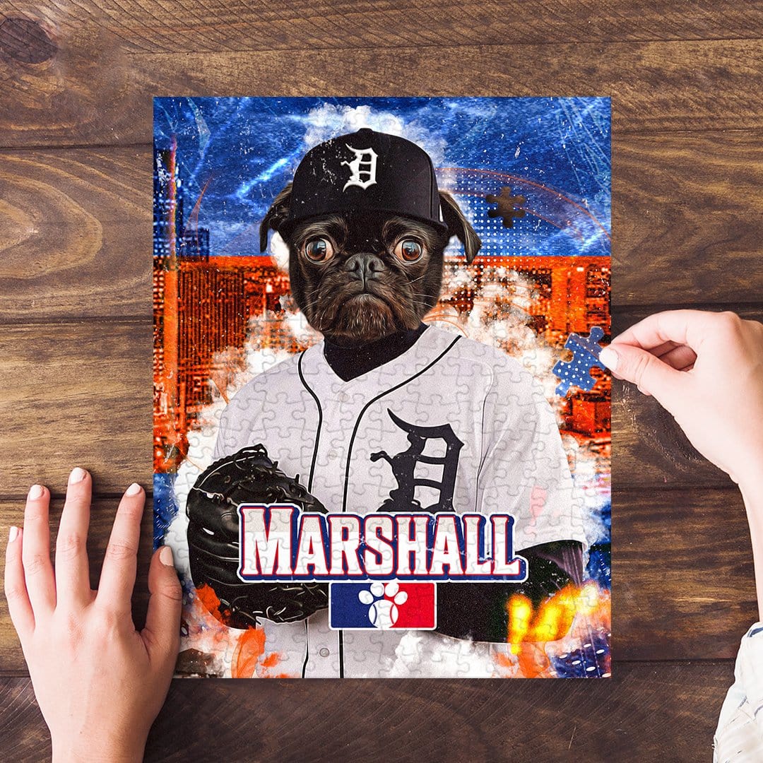 Personalized Detroit Tiger Doggos pet puzzle featuring a pug in a baseball uniform.
