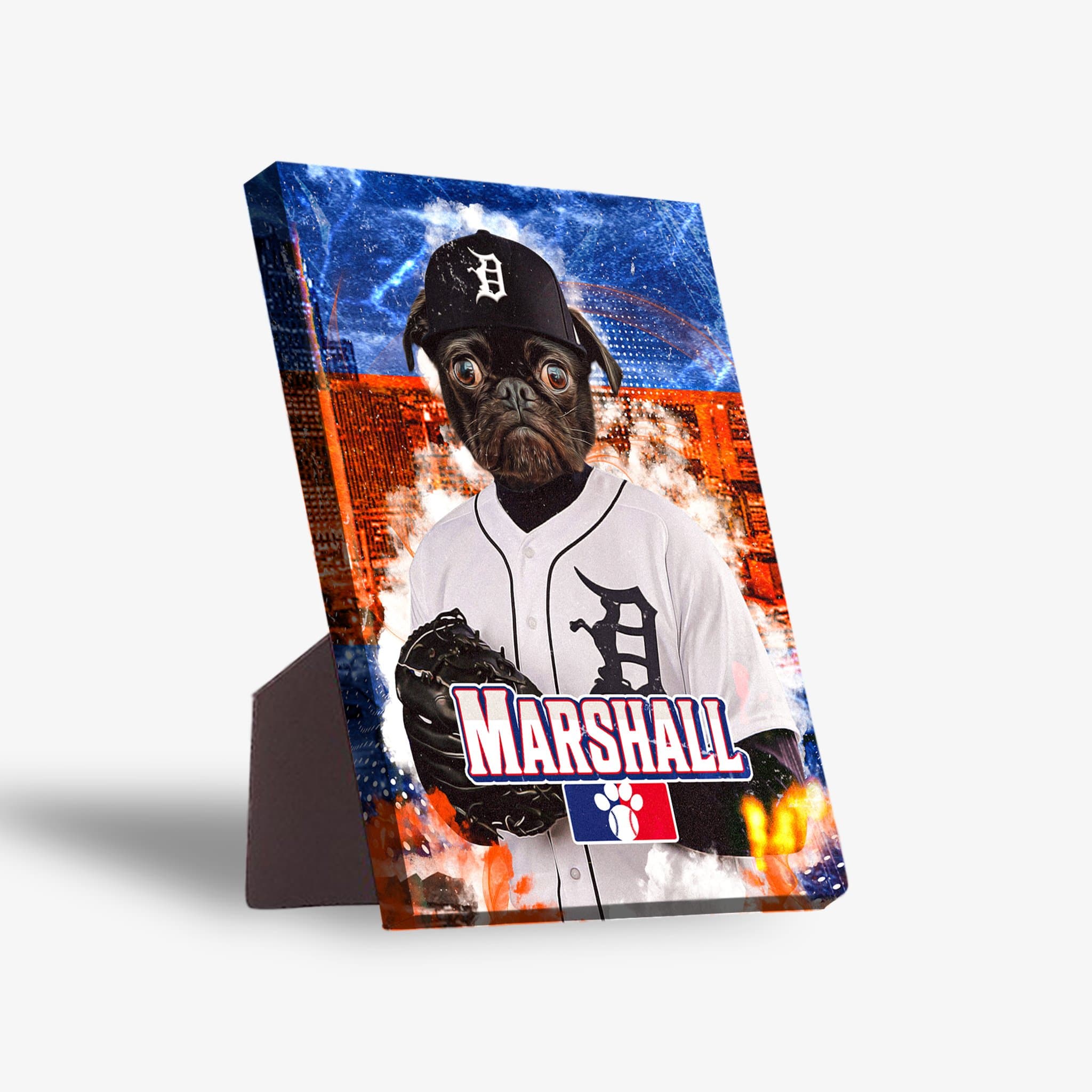 Personalized pet standing canvas featuring a pug in a Detroit Tigers baseball uniform with "Marshall" on the front.