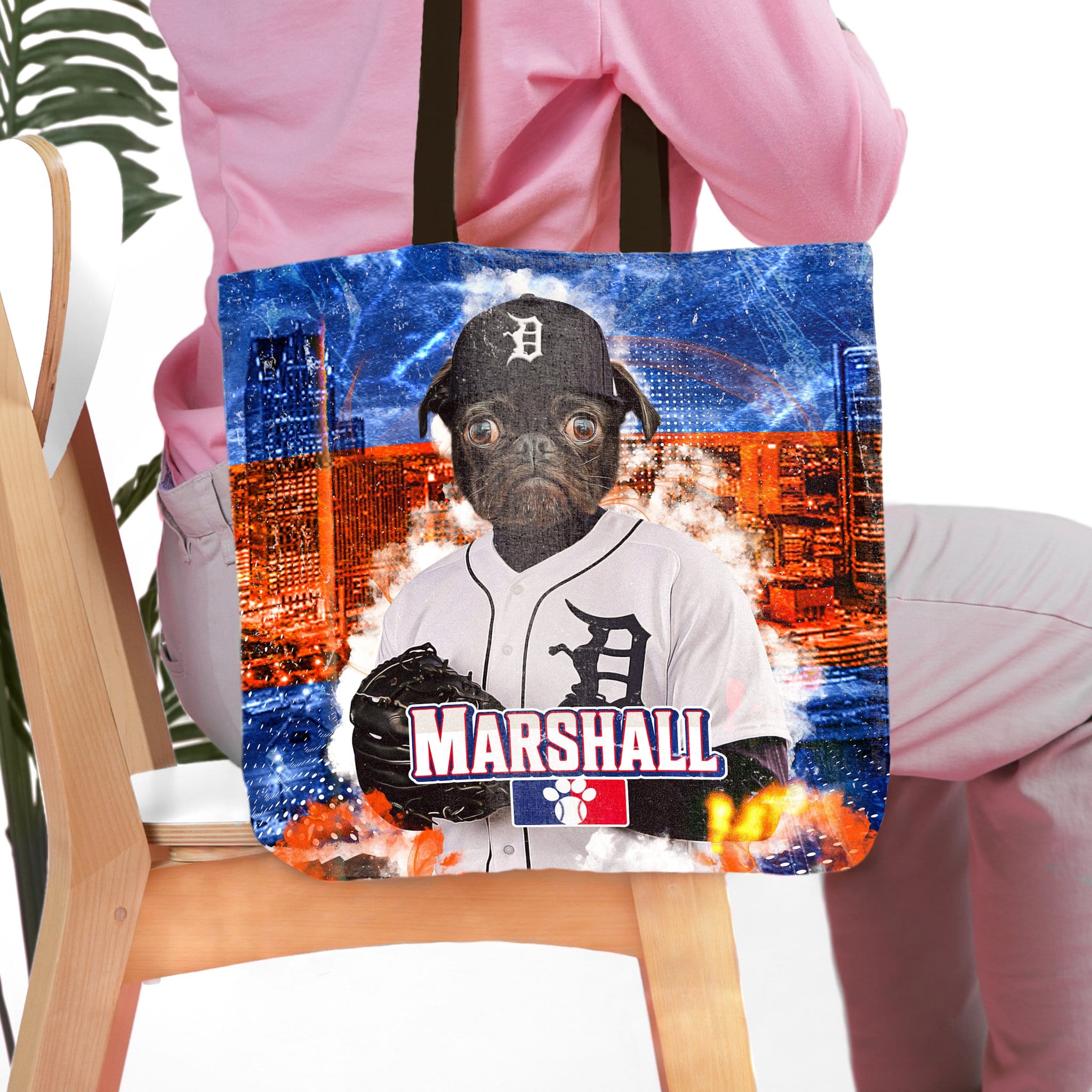 Personalized tote bag featuring a pug pet portrait in a Detroit Tigers baseball uniform.