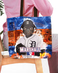 Personalized tote bag featuring a pug pet portrait in a Detroit Tigers baseball uniform.