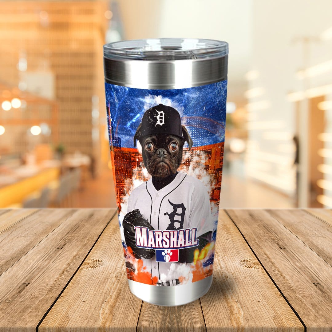 Personalized stainless steel tumbler with a custom dog portrait in a Detroit Tigers baseball uniform.