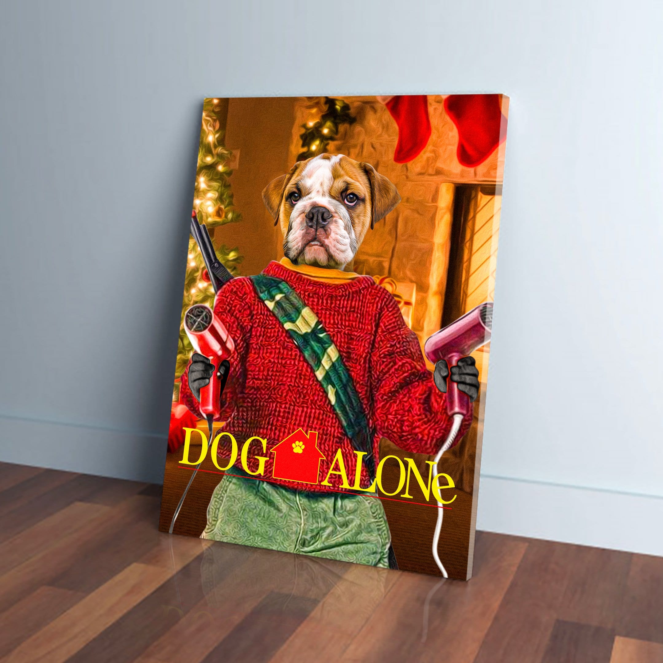 Personalized 'Dog Alone' pet canvas featuring a bulldog in a red sweater holding hair dryers.