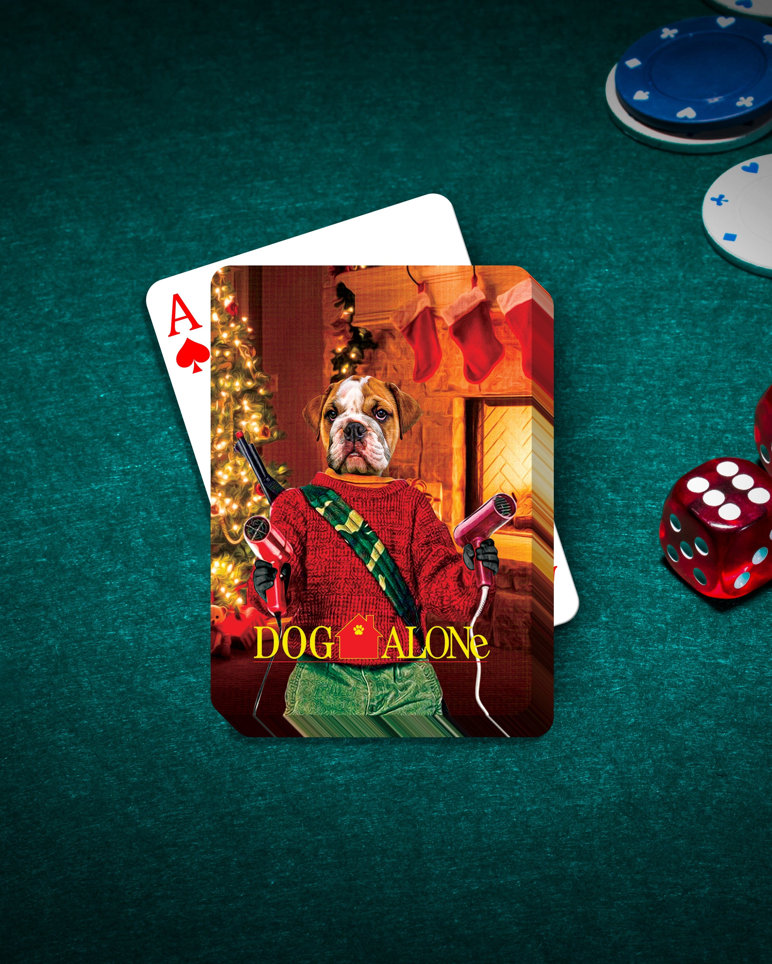 Personalized playing card featuring a bulldog in a "Dog Alone" Christmas scene, with poker chips and dice.