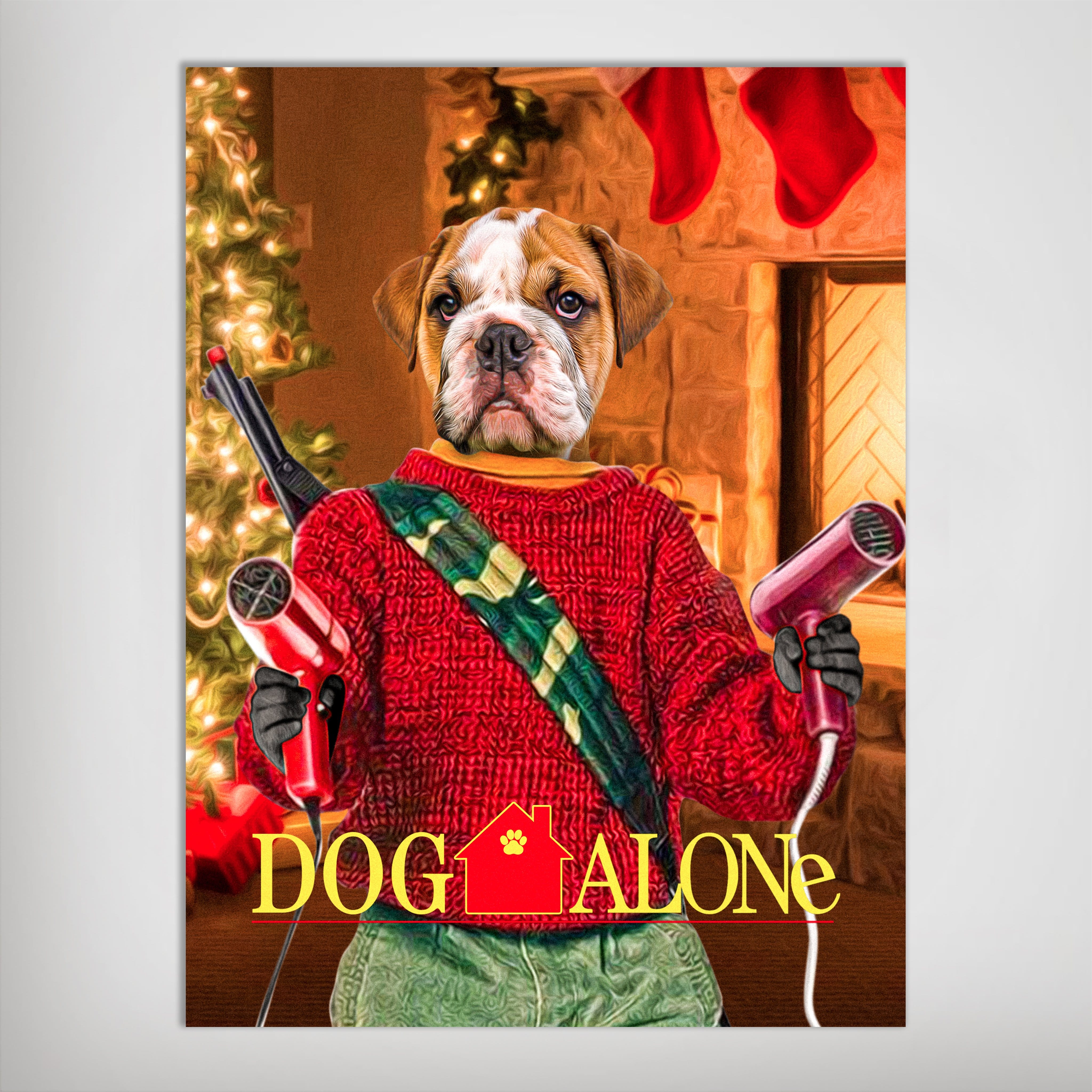 Personalized "Dog Alone" pet poster featuring a bulldog in a red sweater holding hair dryers, with a Christmas background.
