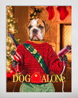 Personalized "Dog Alone" pet poster featuring a bulldog in a red sweater holding hair dryers, with a Christmas background.