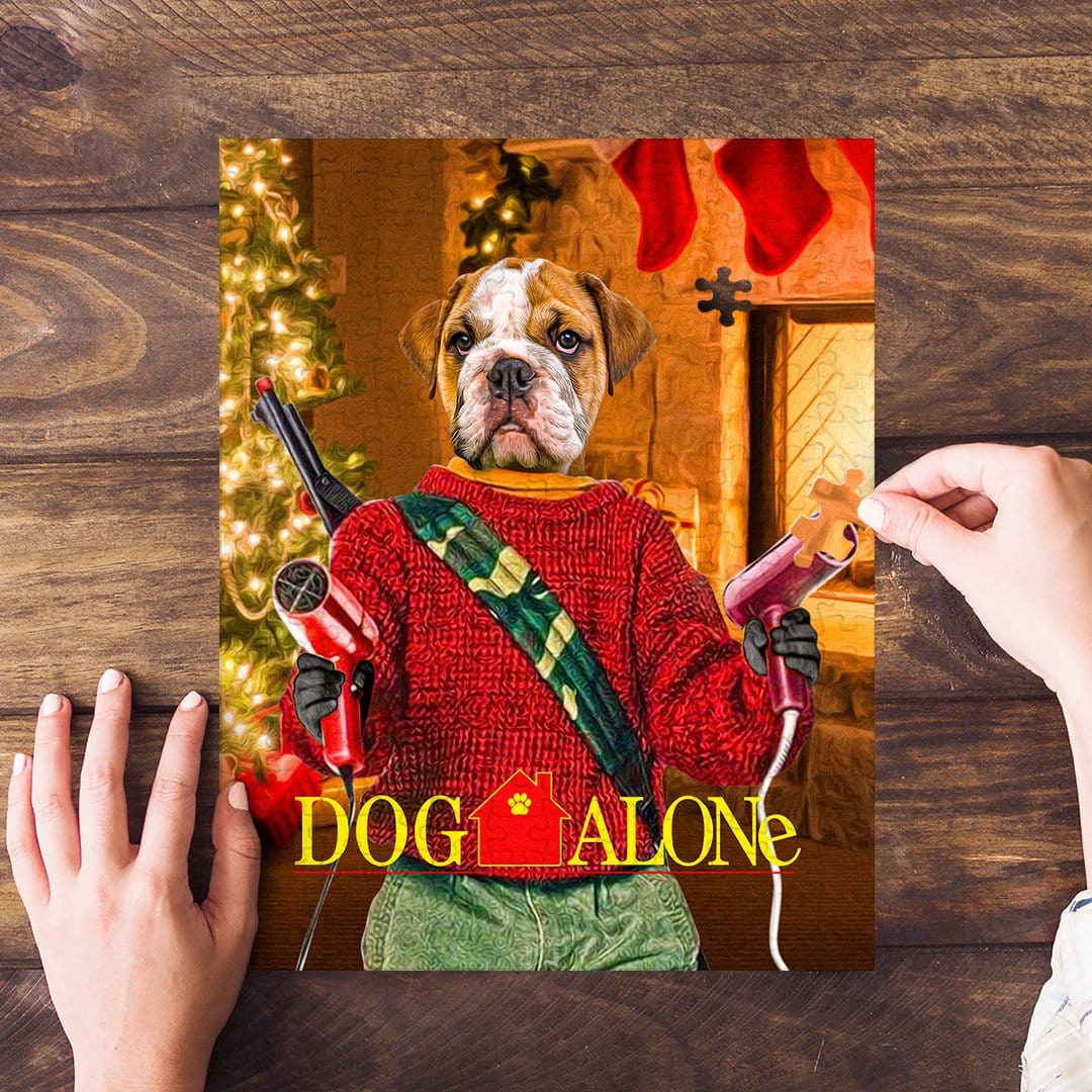 Personalized 'Dog Alone' puzzle featuring a bulldog in a red sweater, holding hair dryers.