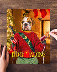 Personalized 'Dog Alone' puzzle featuring a bulldog in a red sweater, holding hair dryers.