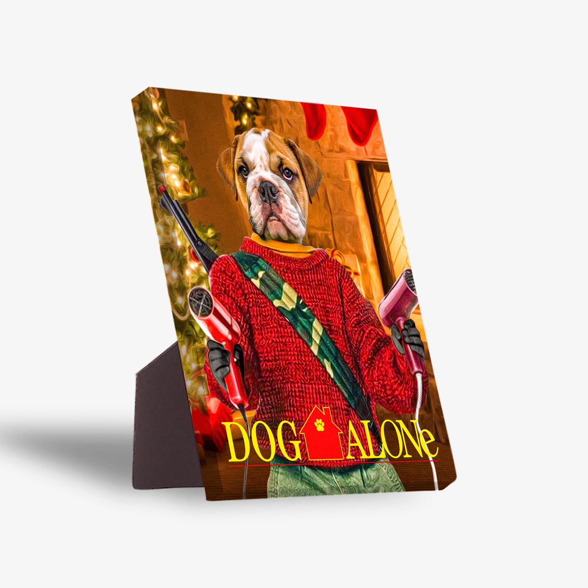 Personalized 'Dog Alone' standing canvas featuring a bulldog in a red sweater holding hair dryers.