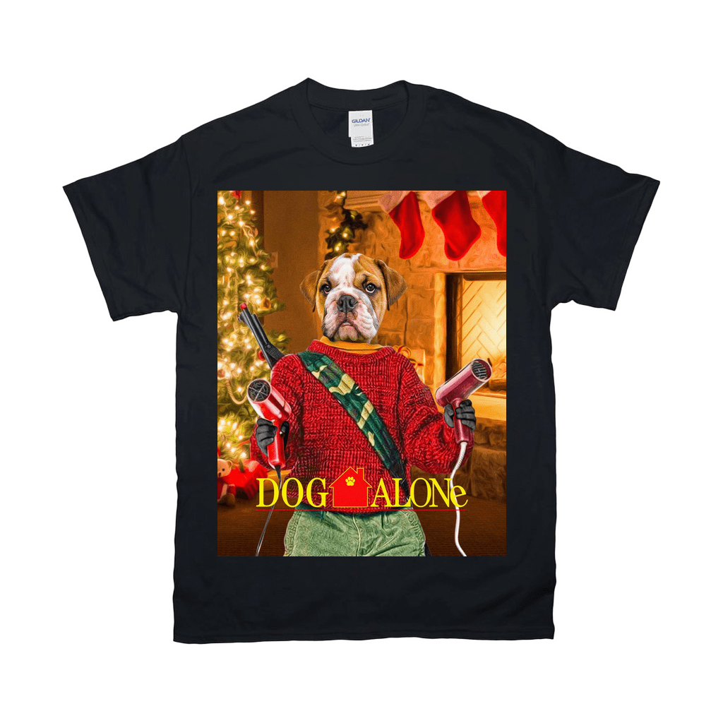 Black Gildan t-shirt with a bulldog in a red sweater holding hair dryers, "Dog Alone" text, and Christmas decor.