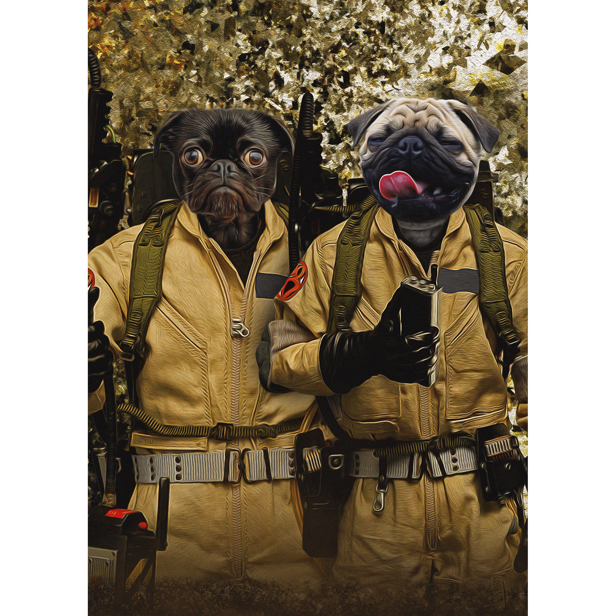 Custom digital portrait of two pugs dressed as Ghostbusters in a cartoon style.