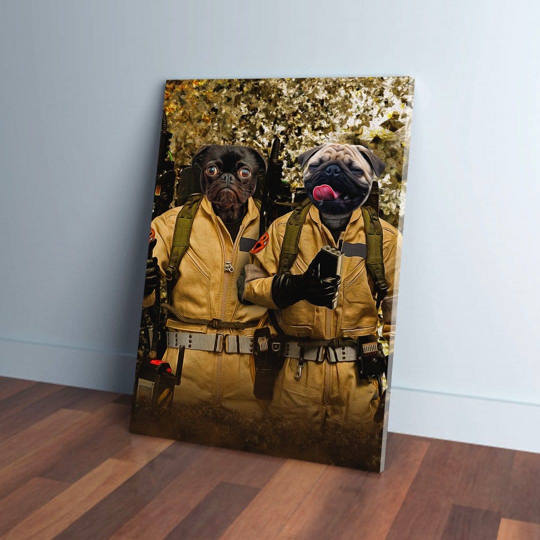 Personalized 'Dog Busters' canvas featuring two pugs in tan Ghostbusters uniforms, leaning against a white wall.