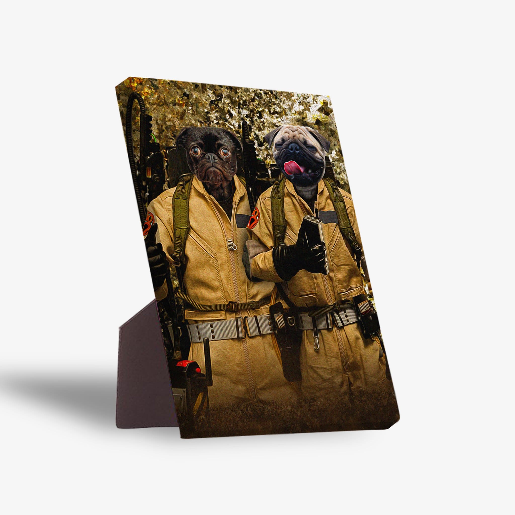 Personalized 'Dog Busters' standing canvas featuring two pugs in tan Ghostbusters uniforms with proton packs.