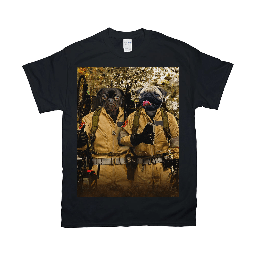 Black Gildan t-shirt featuring two pugs in tan Ghostbusters costumes with proton packs.