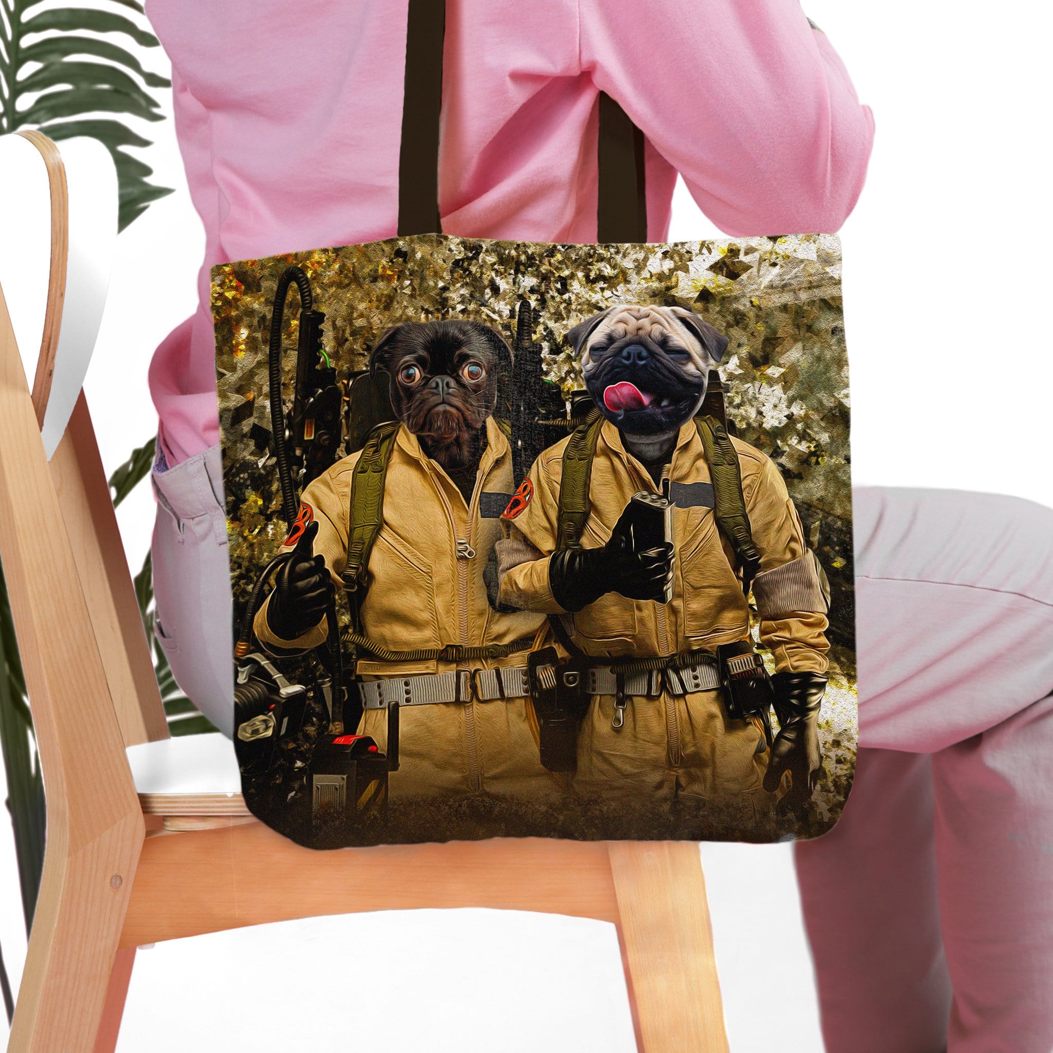 Personalized 'Dog Busters' tote bag featuring two pug pet portraits in Ghostbusters uniforms.