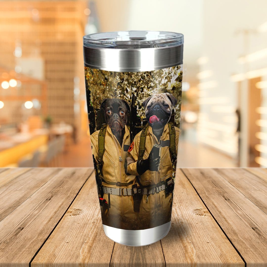 Personalized stainless steel tumbler with two pugs in "Dog Busters" costumes.