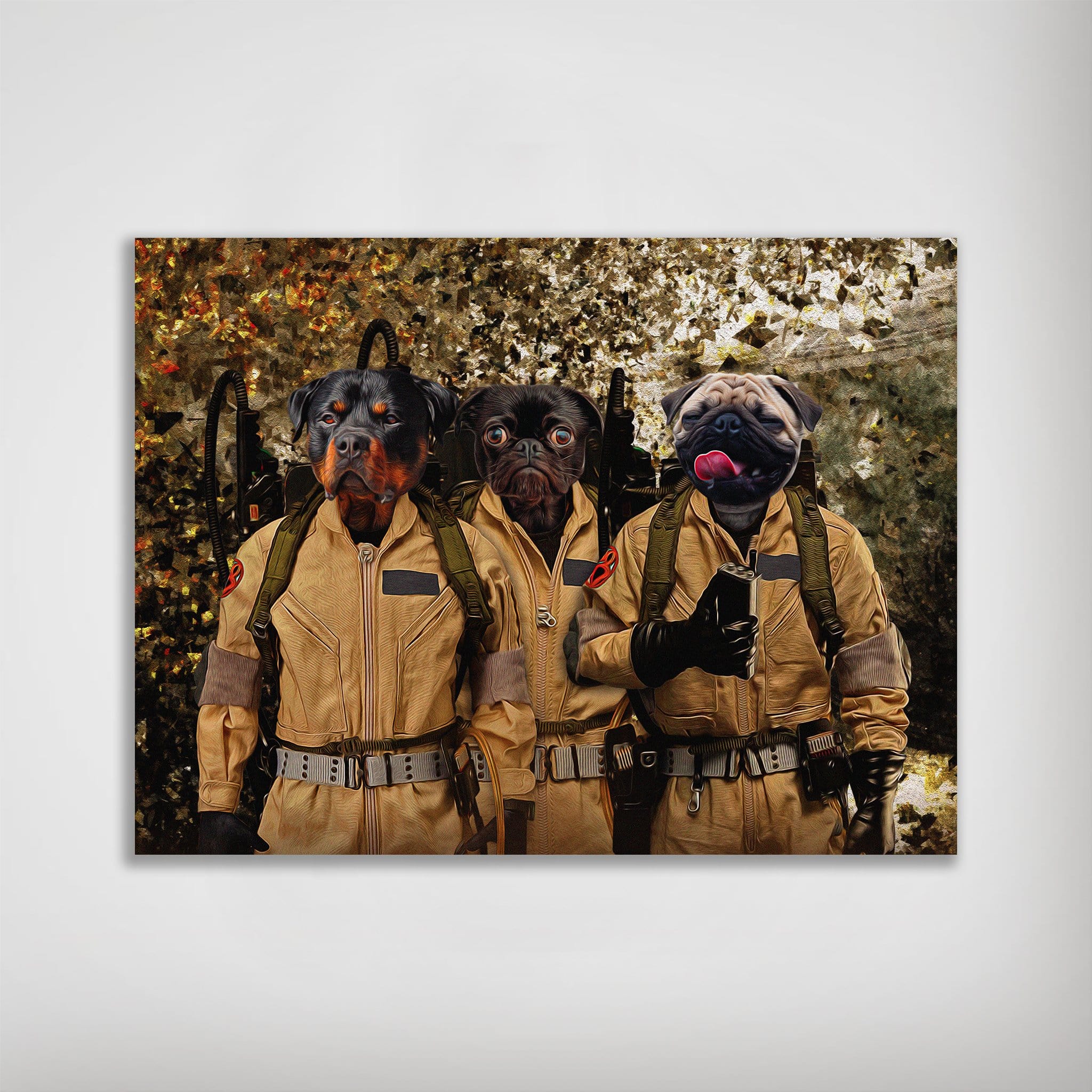 Personalized 'Dog Busters' poster featuring three pets in tan Ghostbusters suits with proton packs.