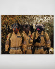 Personalized 'Dog Busters' poster featuring three pets in tan Ghostbusters suits with proton packs.