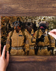 Personalized 3 pet puzzle featuring a Rottweiler and two Pugs in 'Dog Busters' costumes.