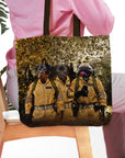 Personalized 'Dog Busters' pet portrait tote bag featuring three dogs in Ghostbusters uniforms.