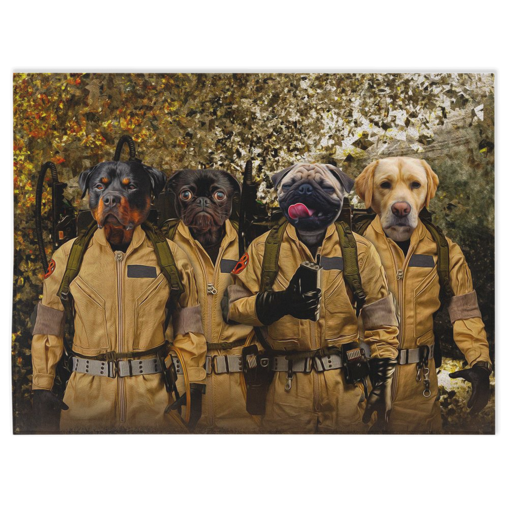 Personalized Dog Busters blanket with four dogs in Ghostbusters costumes.