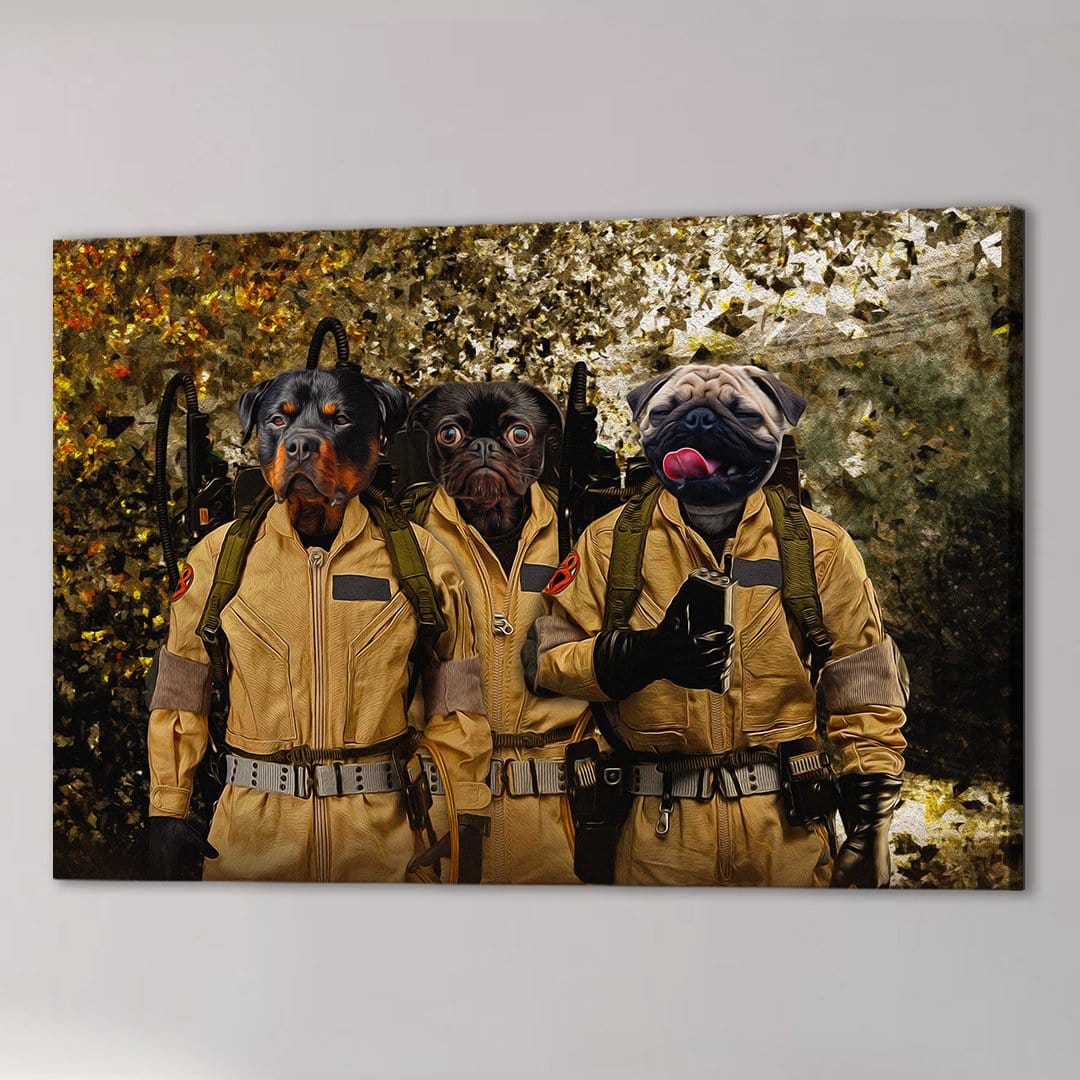 Personalized 'Dog Busters' canvas featuring three pets in tan Ghostbusters uniforms with proton packs.