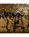 Custom 4-pet puzzle featuring dogs in "Dog Busters" style, wearing tan jumpsuits.