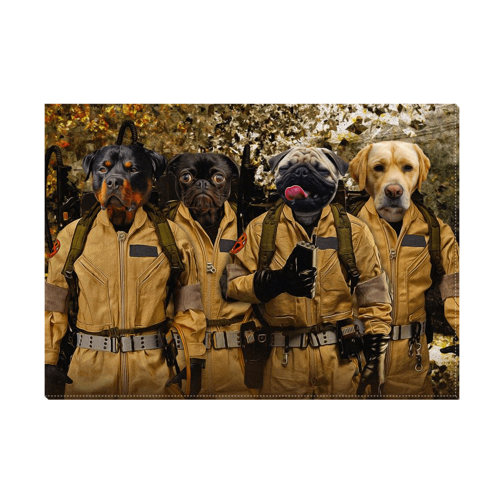 Personalized 'Dog Busters' standing canvas featuring four pets in tan Ghostbusters suits against a leafy background.
