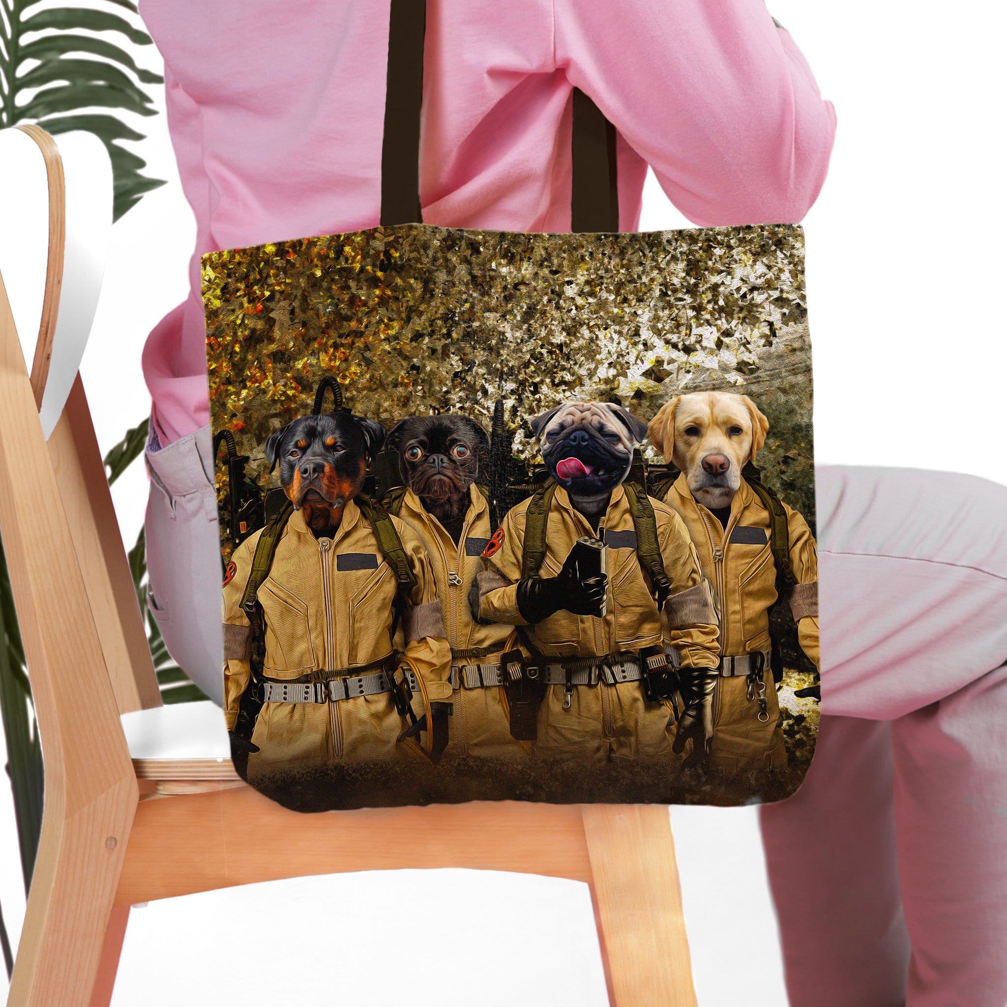 Personalized 'Dog Busters' tote bag featuring four custom pet portraits in Ghostbusters uniforms.