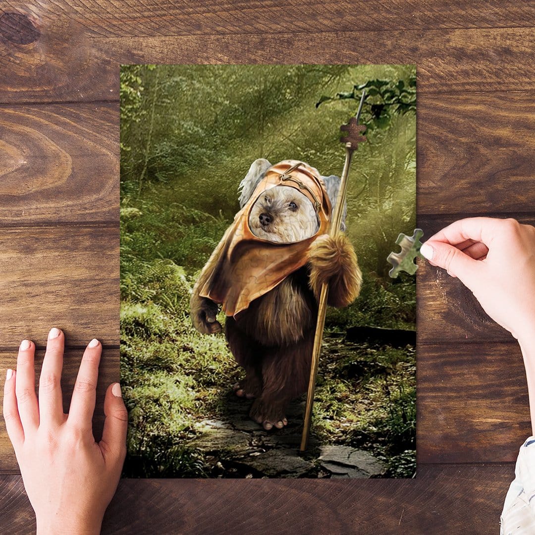 Personalized Dog-E-Wok pet portrait puzzle with a dog's face on an Ewok body, on a wooden table.