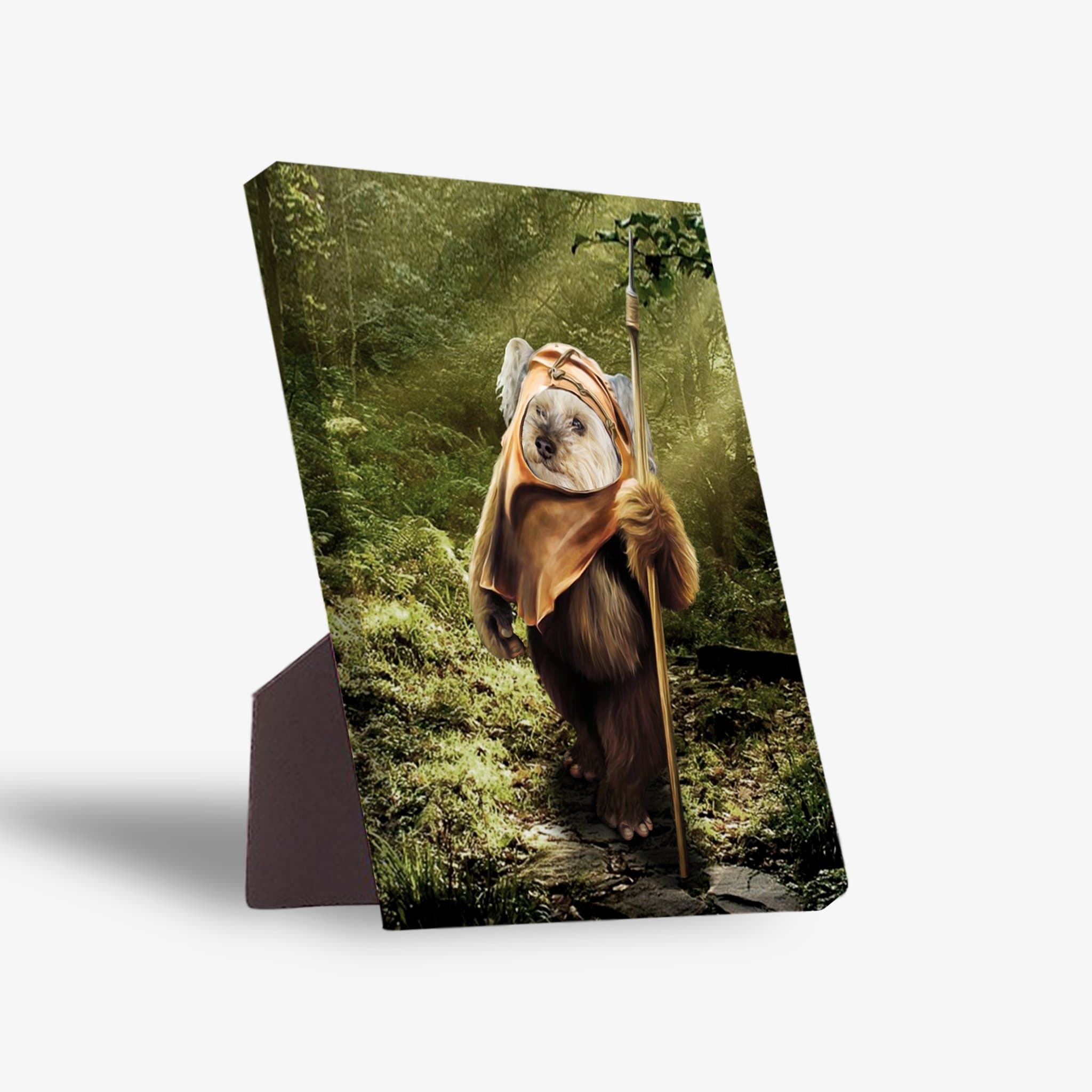 Personalized pet standing canvas featuring a dog dressed as an Ewok in a forest setting.