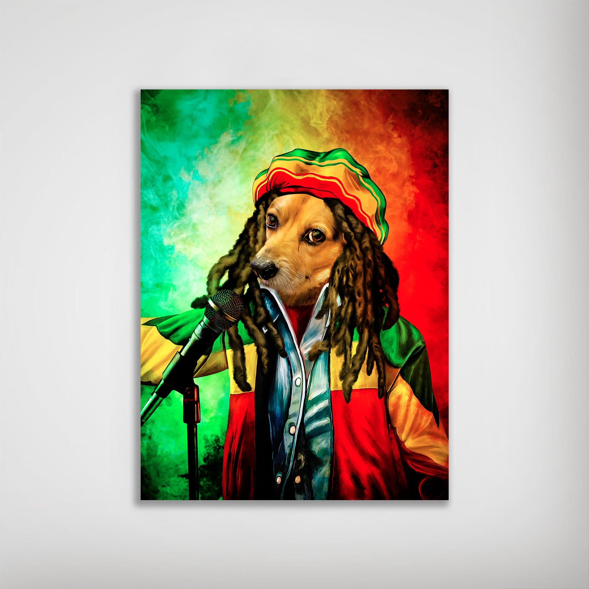 Personalized Dog Marley poster featuring a dog with dreadlocks, a Rasta hat, and colorful jacket singing into a microphone.