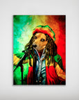 Personalized Dog Marley poster featuring a dog with dreadlocks, a Rasta hat, and colorful jacket singing into a microphone.