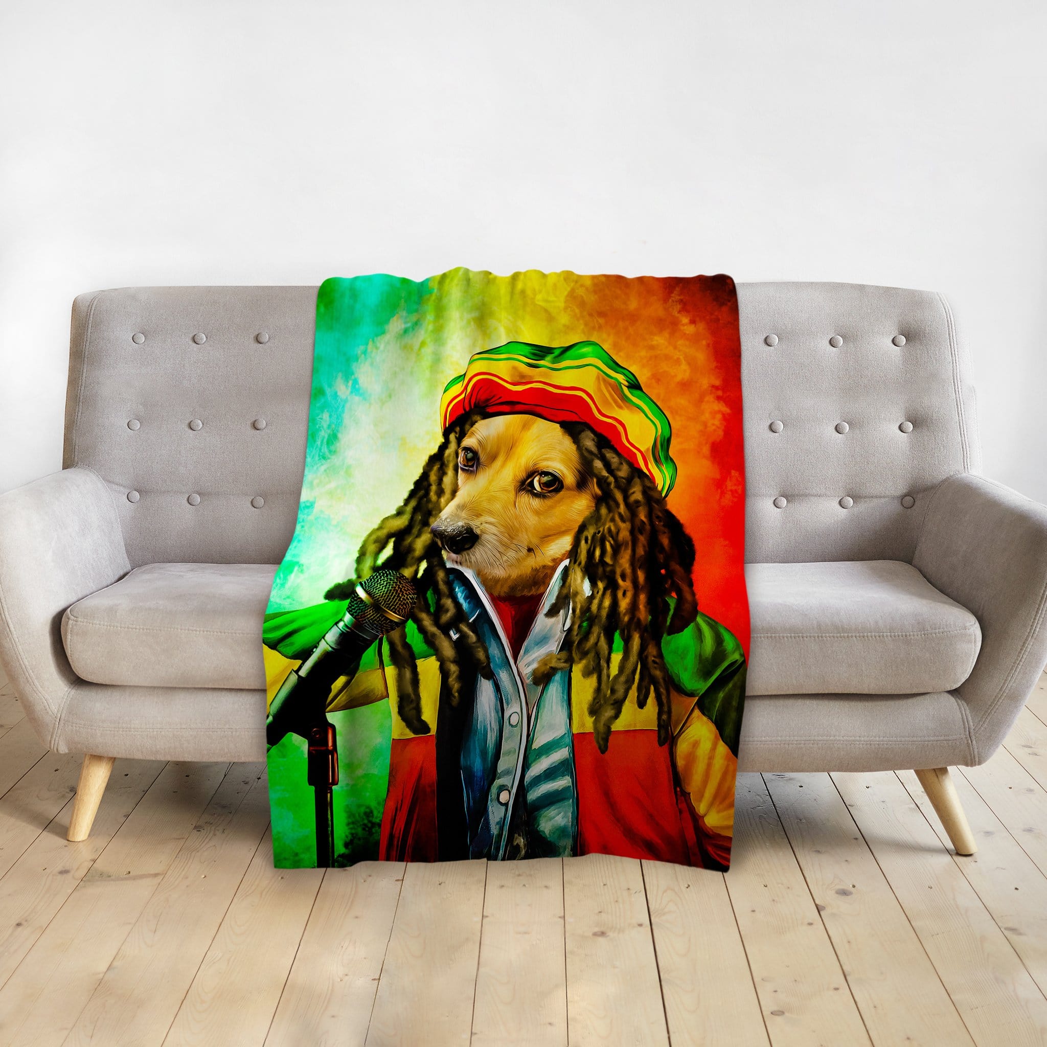 Personalized Dog Marley pet portrait blanket with a dog wearing dreadlocks and a Rasta hat, holding a microphone.