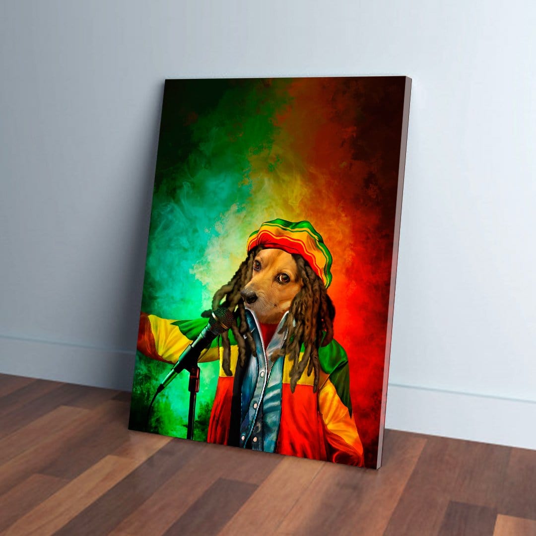 Personalized pet canvas featuring a dog as "Dog Marley" with dreadlocks, a Rasta hat, and microphone on a vibrant red and green background.