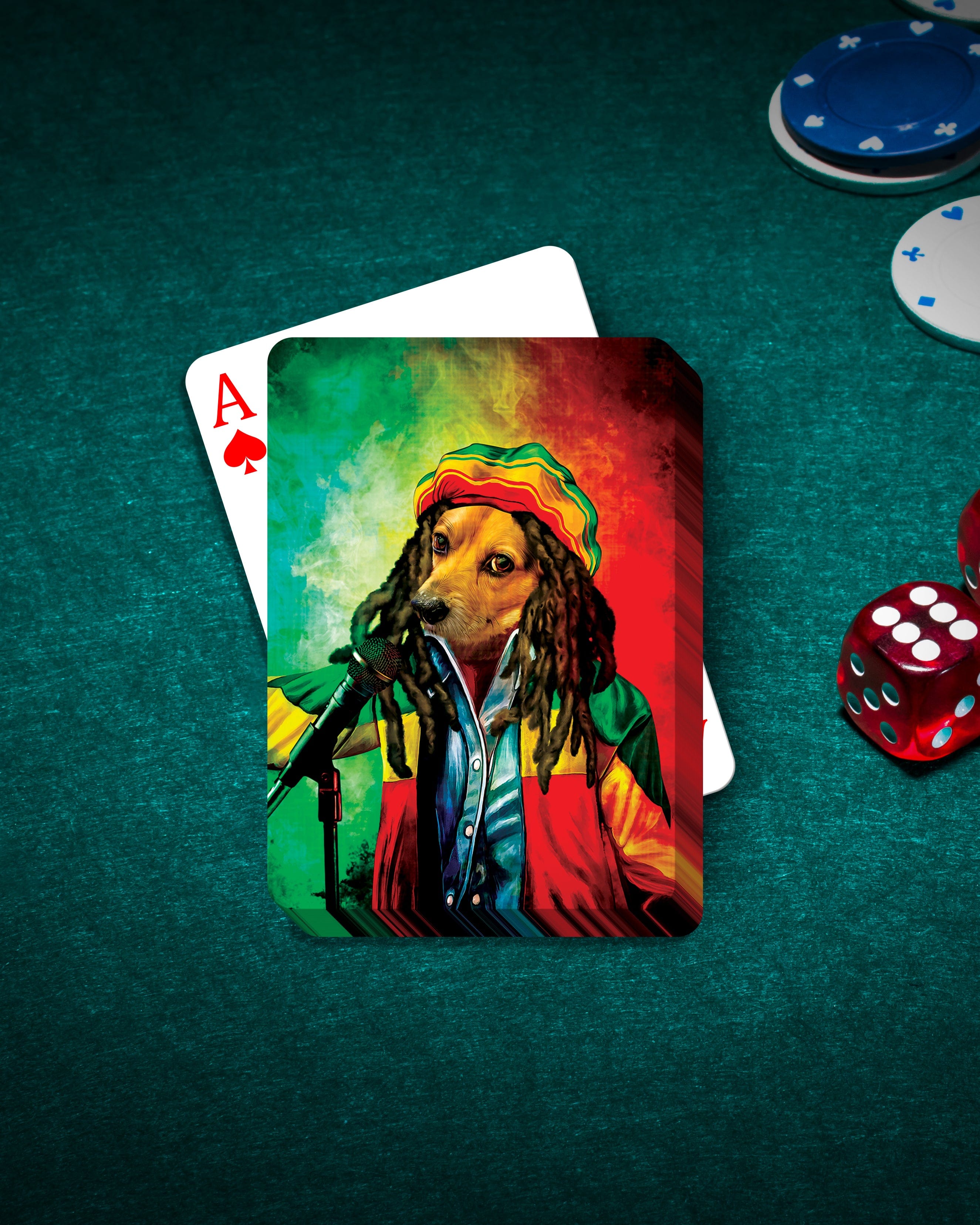 Personalized Dog Marley playing card featuring a dog in a Rasta hat and dreadlocks, holding a microphone.
