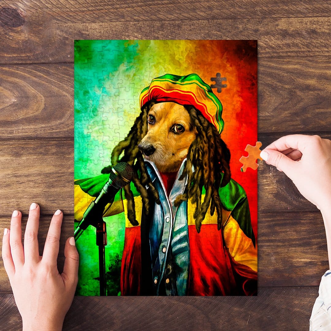 Personalized Dog Marley style pet portrait puzzle with a reggae background.