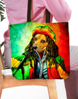Personalized Dog Marley portrait tote bag with a dog in a Rasta hat and dreadlocks singing into a microphone.