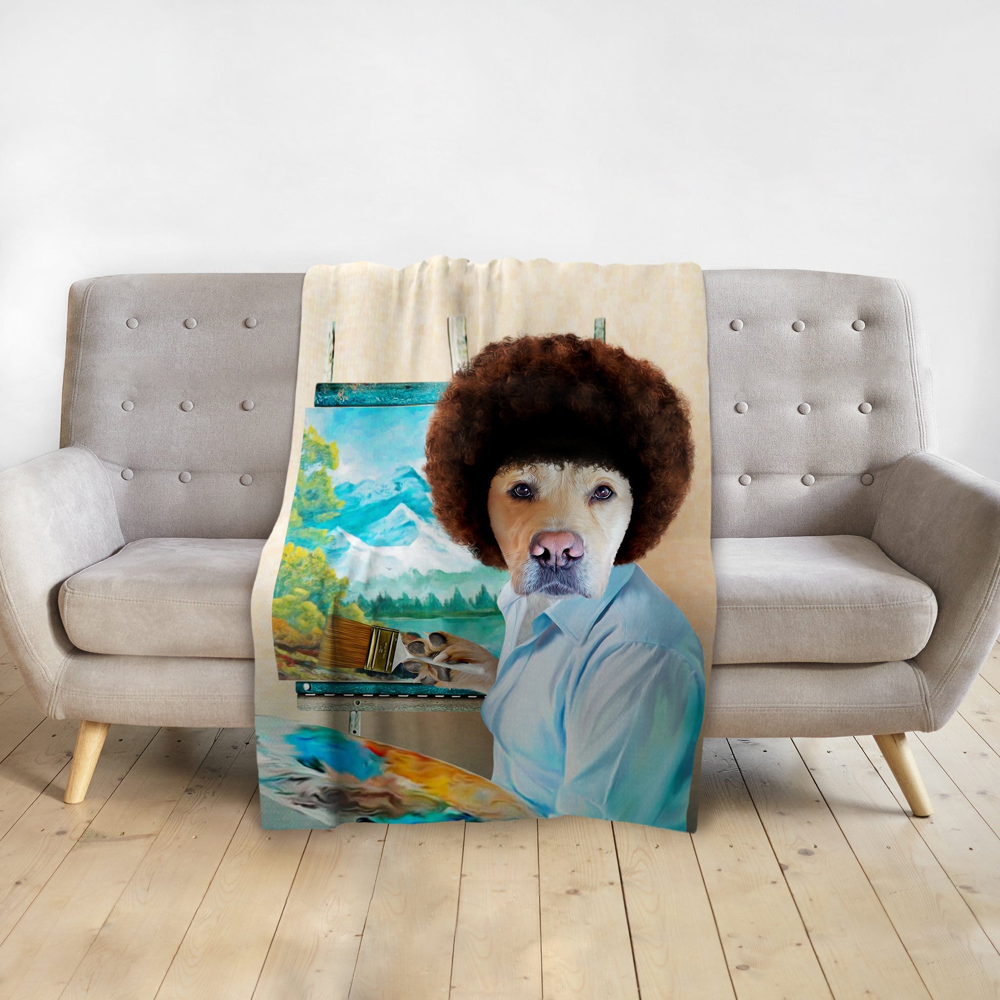 Personalized pet blanket with a Dog Ross style portrait of a dog painting a landscape.