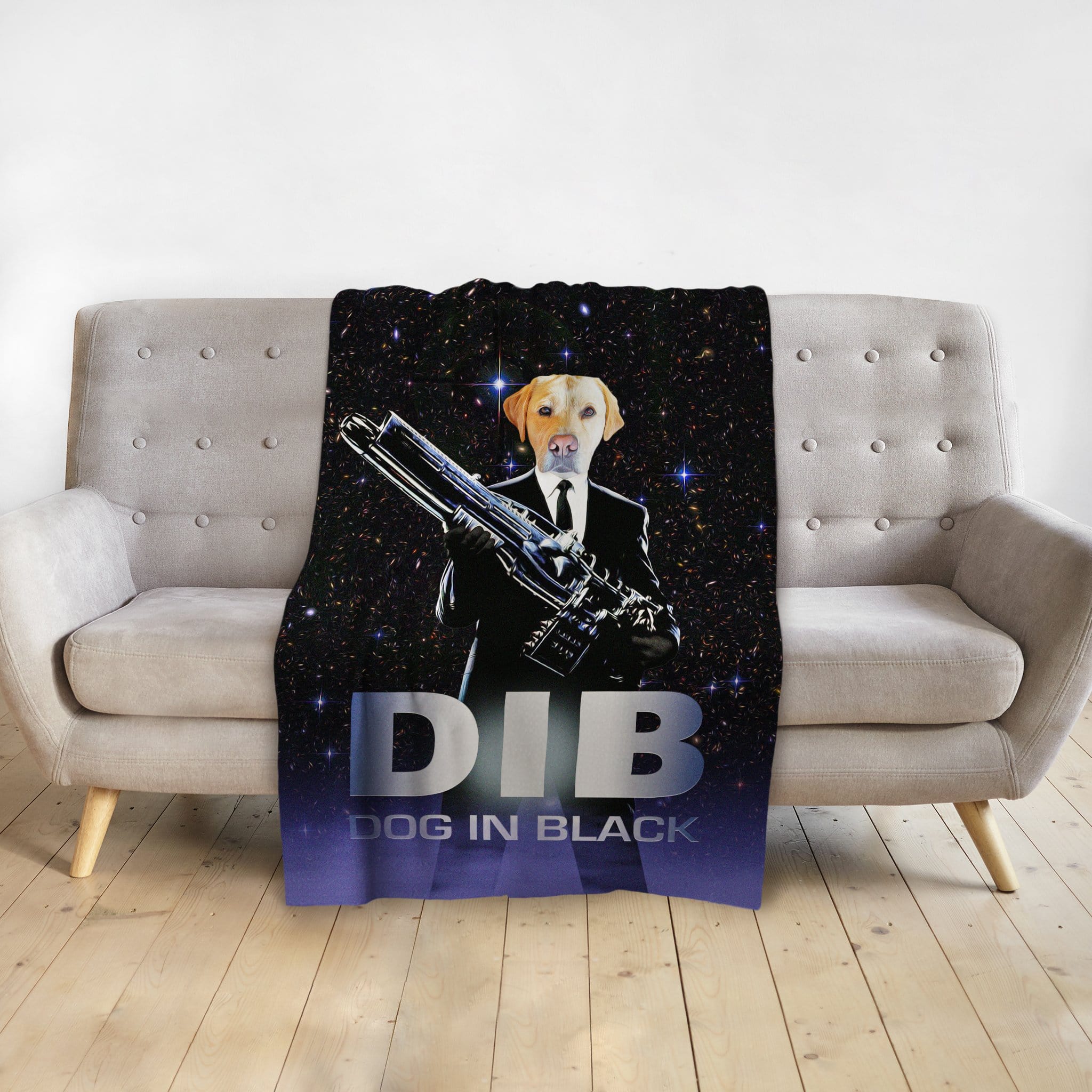 Personalized pet blanket with a yellow lab dog portrait in a black suit holding a weapon.