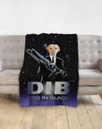 Personalized pet blanket with a yellow lab dog portrait in a black suit holding a weapon.