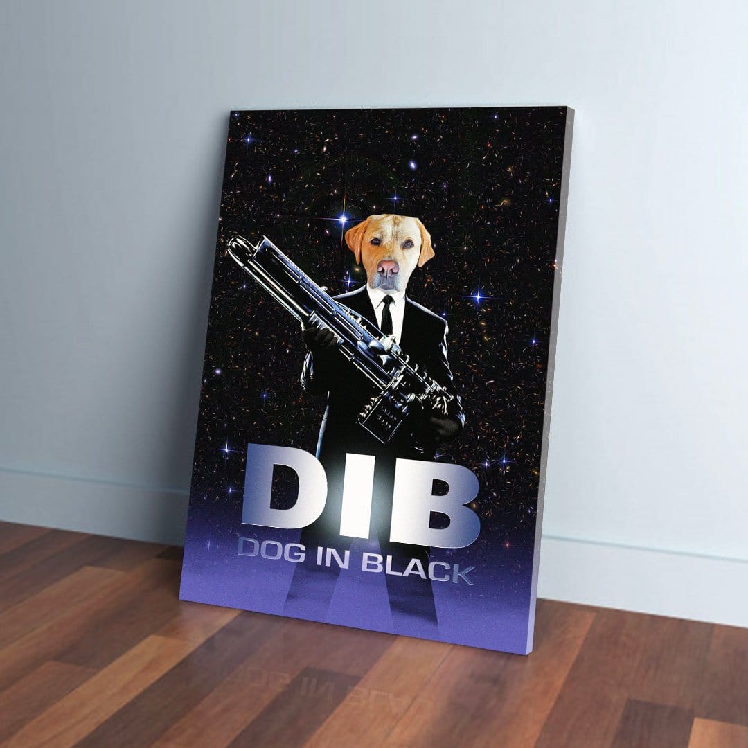 Personalized 'Dog in Black' canvas featuring a yellow lab in a black suit holding a futuristic gun against a starry background.