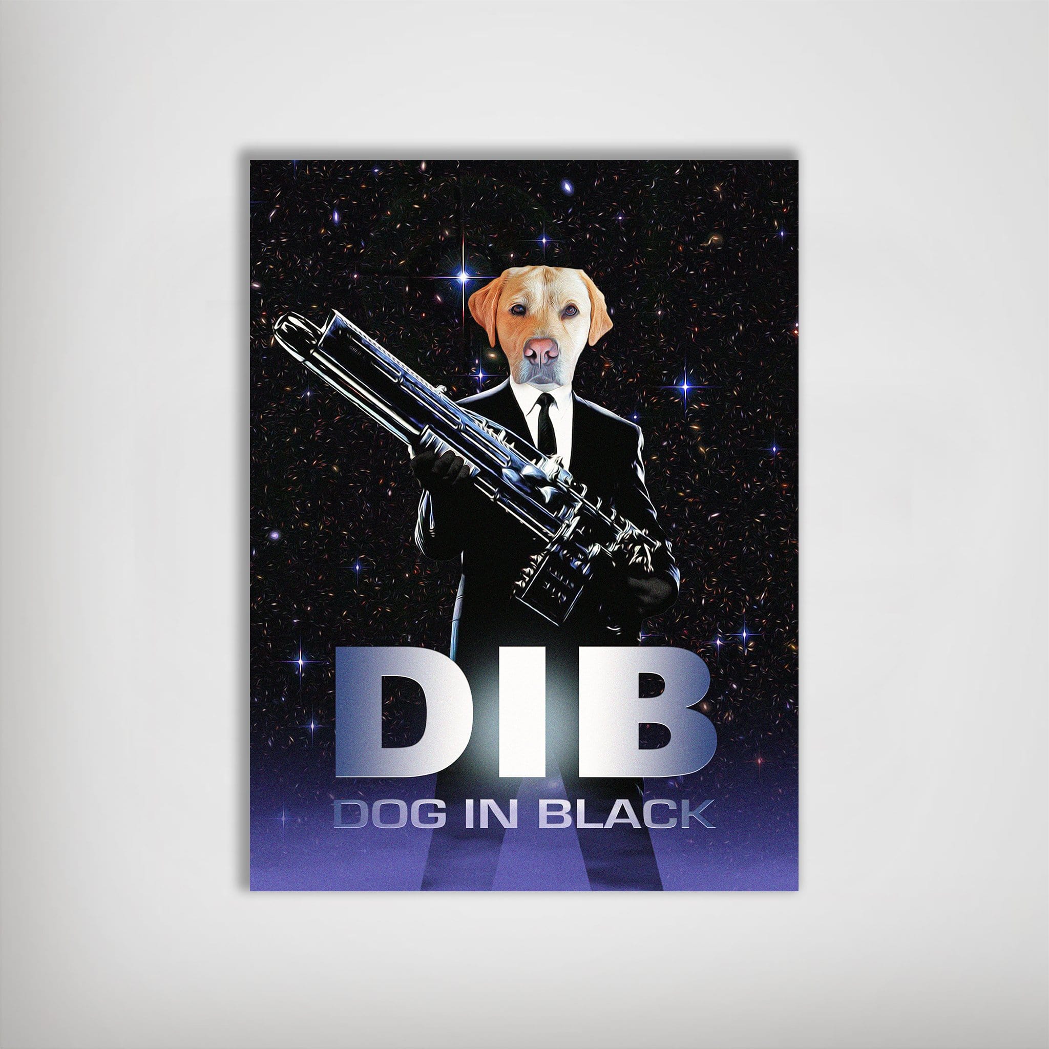 Personalized matte poster featuring a yellow lab in a black suit holding a futuristic gun against a starry background, with "DIB DOG IN BLACK" text.