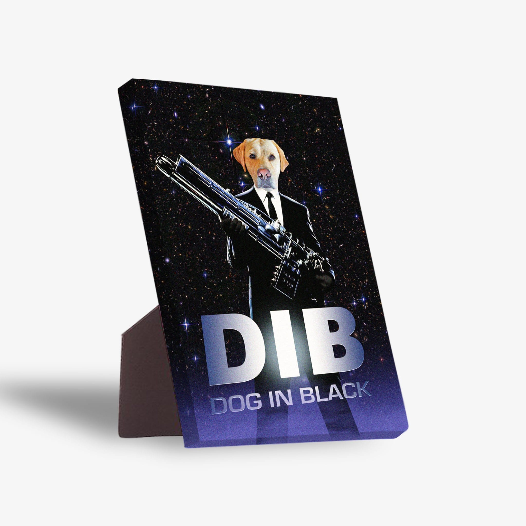 Personalized standing canvas featuring a yellow lab in a black suit holding a gun, with "DIB DOG IN BLACK" text.
