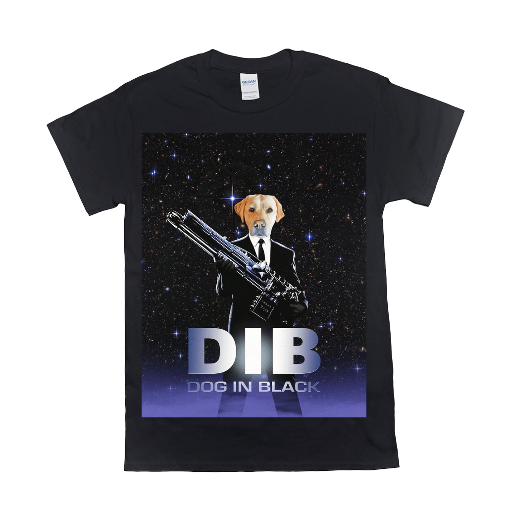 Black Gildan t-shirt with a personalized "Dog in Black" design featuring a labrador in a suit holding a weapon against a starry background.