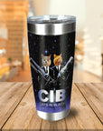 Personalized stainless steel tumbler with two cats in black suits holding guns, "CIB Cats in Black" text.